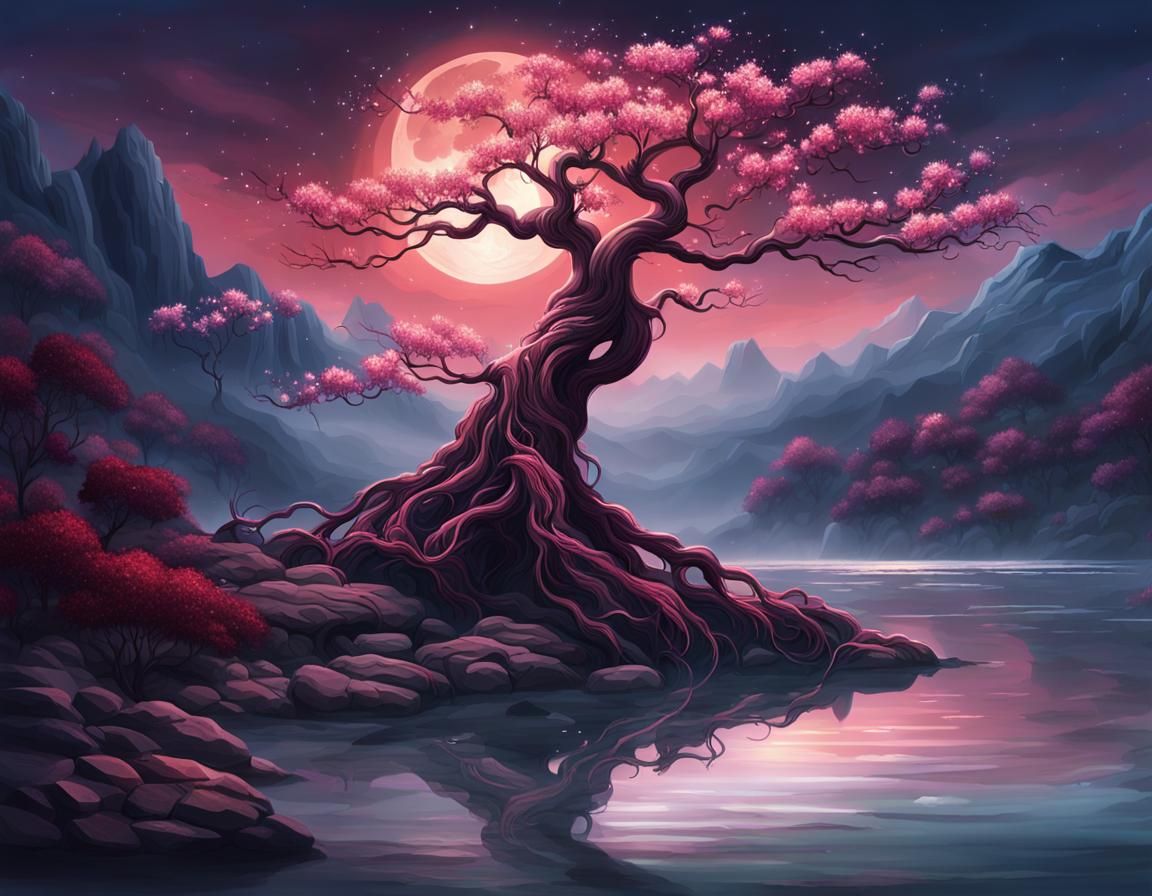 Mystical Blossoms Under Red Moonlight in Fantasy Art
