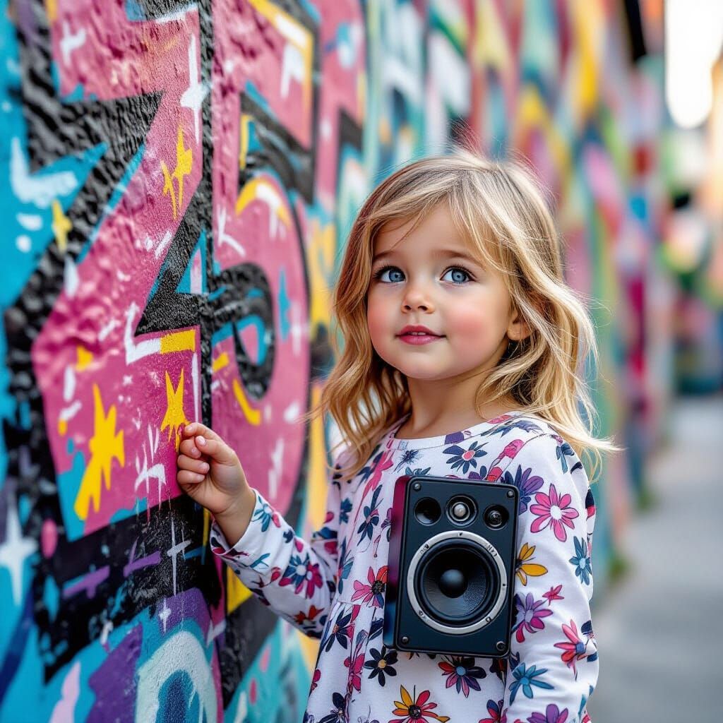 Girl Sings by Graffiti Wall with Speaker