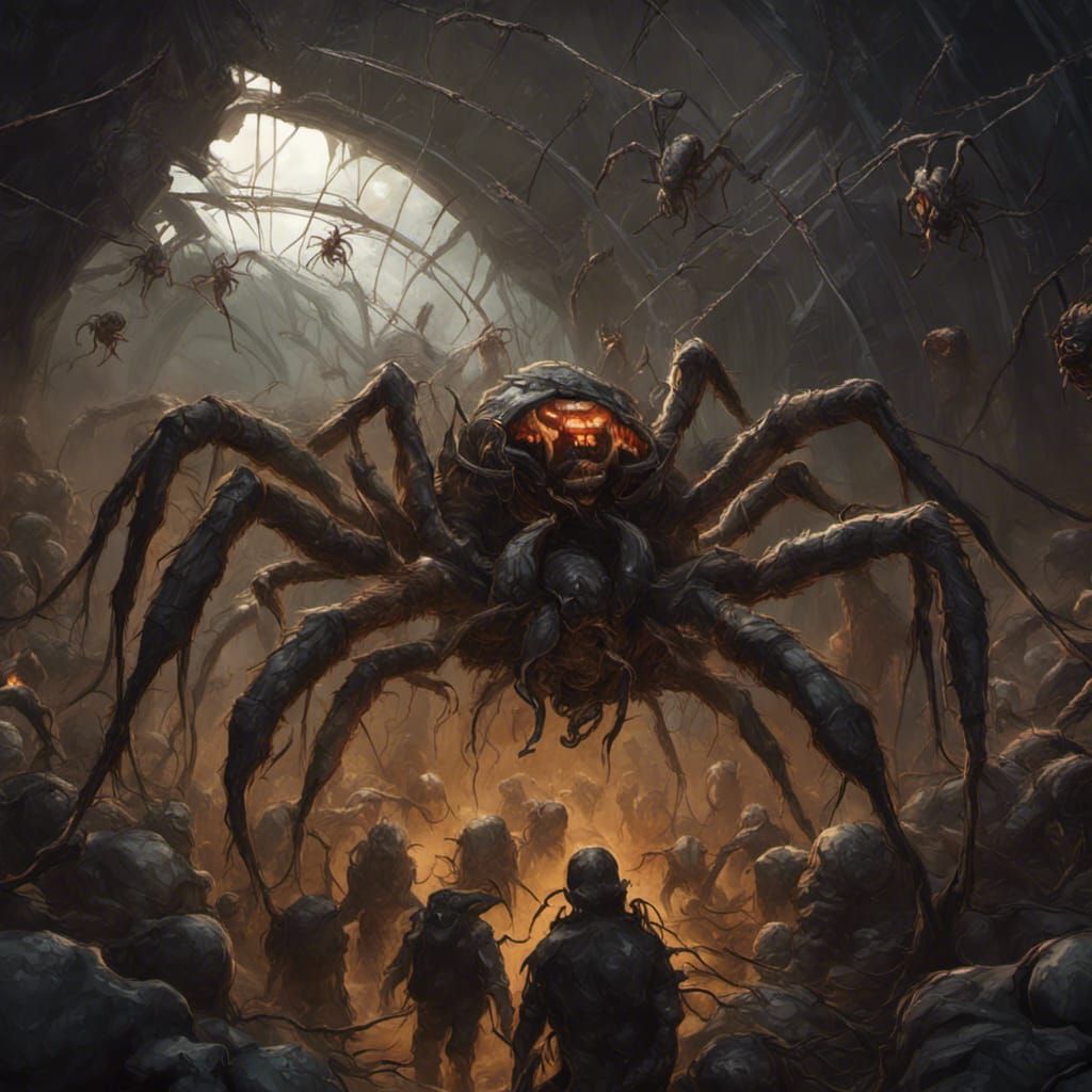 Cybernetic Spiders Swarm From Tunnel in Dark Fantasy Style