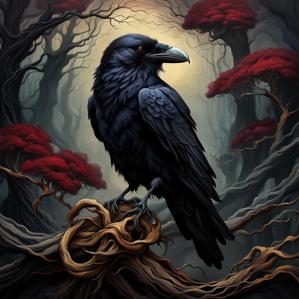 Raven in Surreal Forest: Cinematic Photography