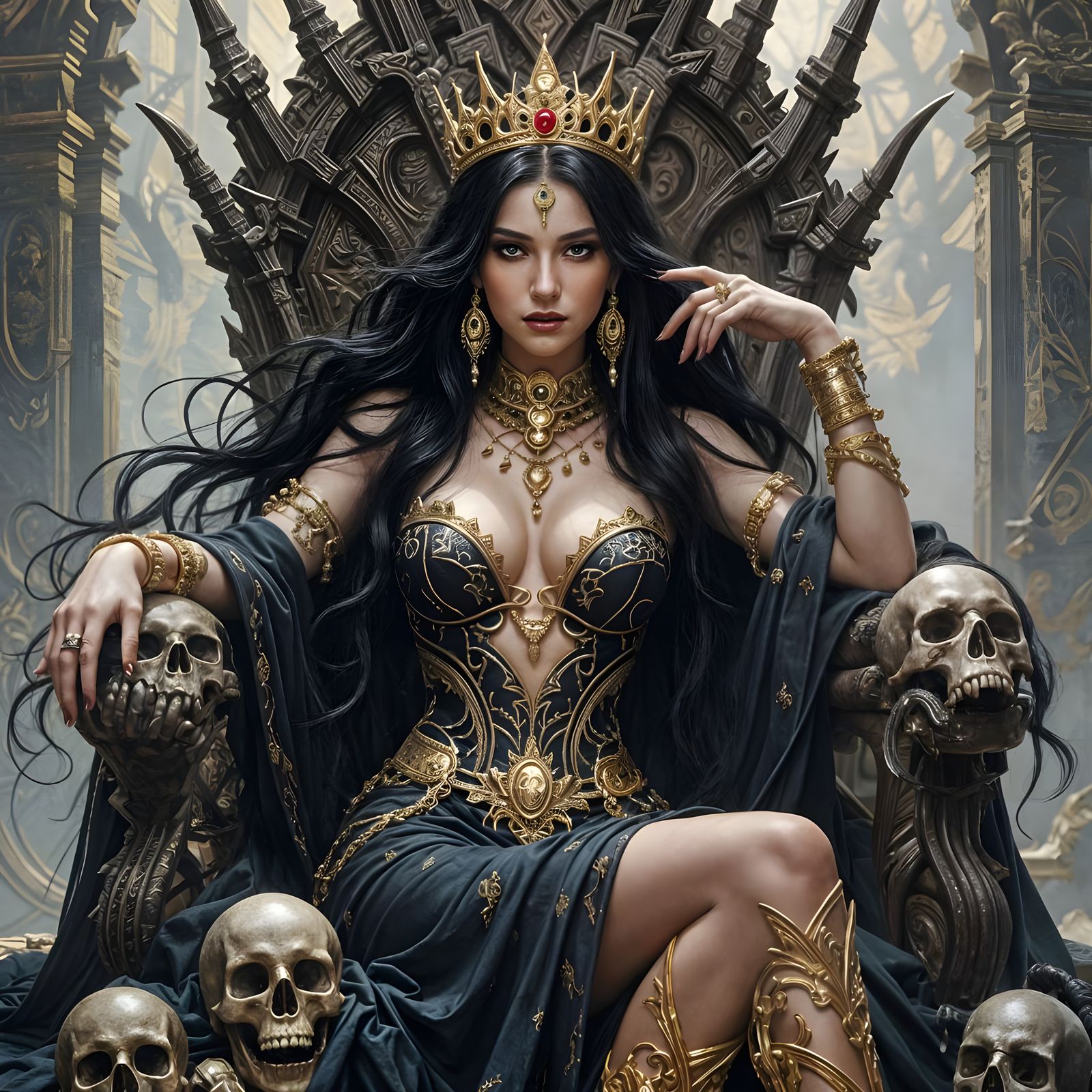 Serpentine Queen on Skull Throne in Dark Fantasy Style
