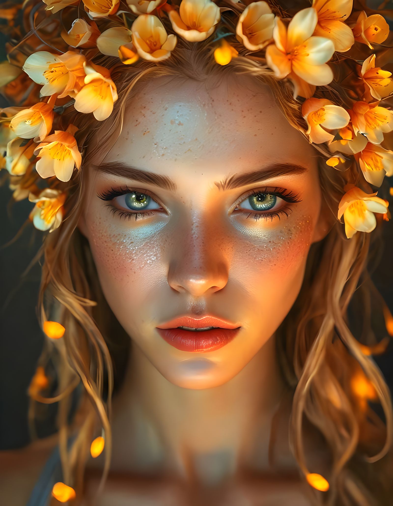 Glowing Woman with Flowering Hair: Hyperrealistic Portrait