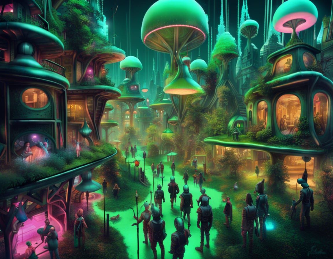 Surreal Alien City in Medieval Cyberpunk Style