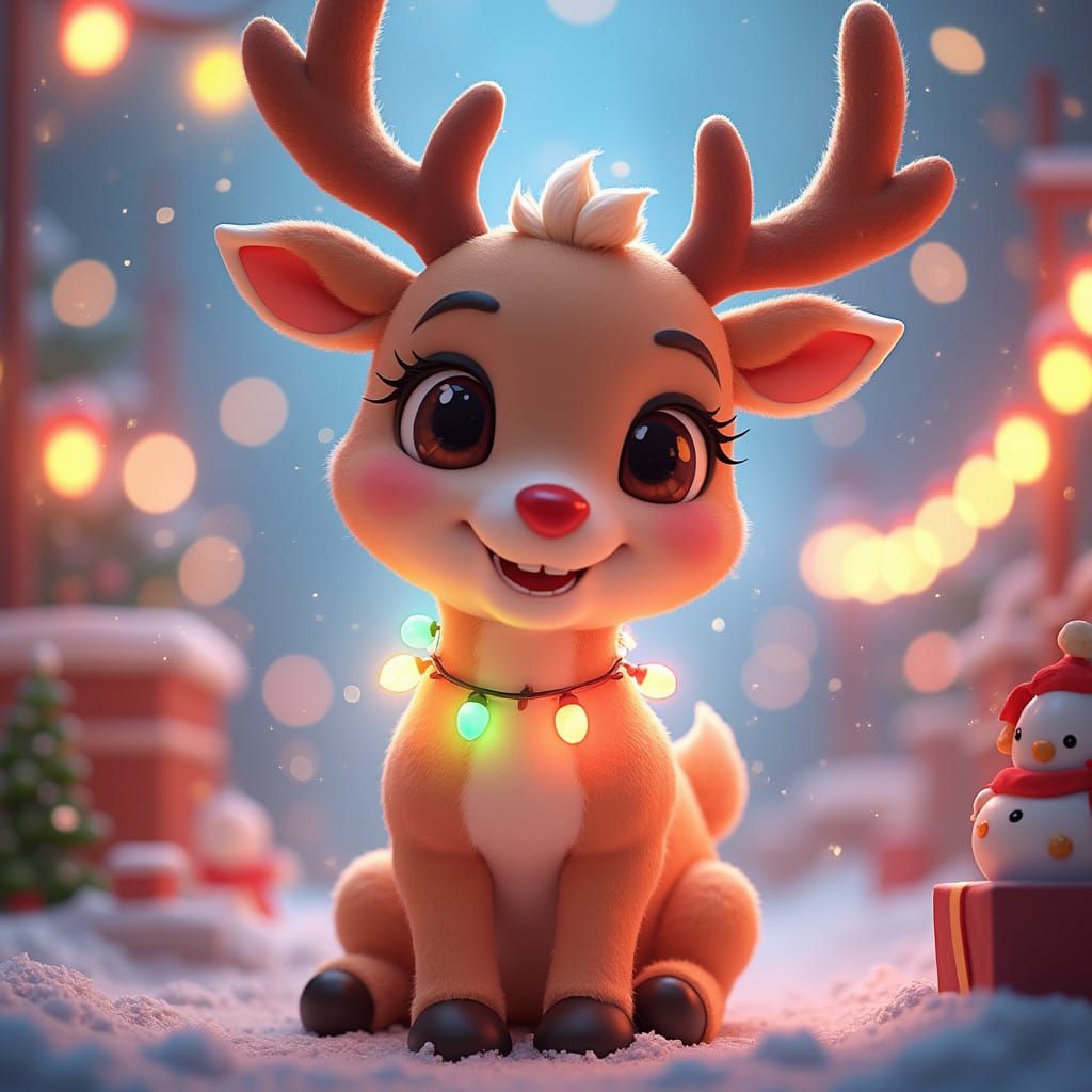 Joyful Cartoon Reindeer in Vibrant Christmas Atmosphere