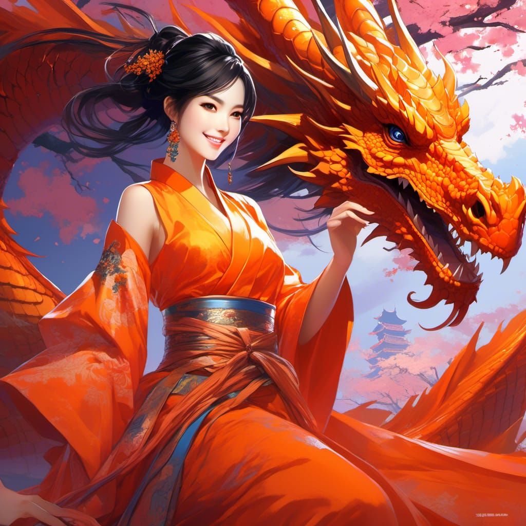 Anime Woman with Orange Dragon in Gamerpunk Style