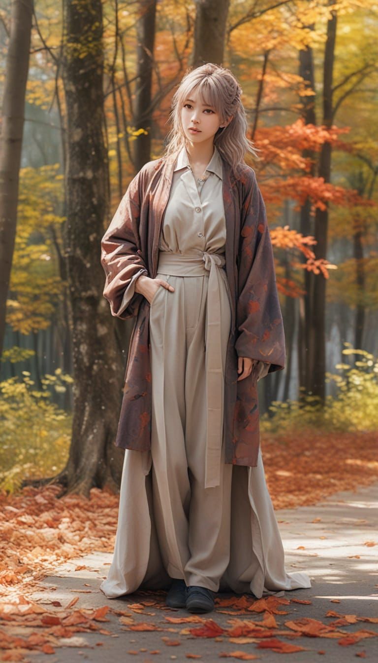 Woman in Autumn Forest, Anime-Style Watercolor Art