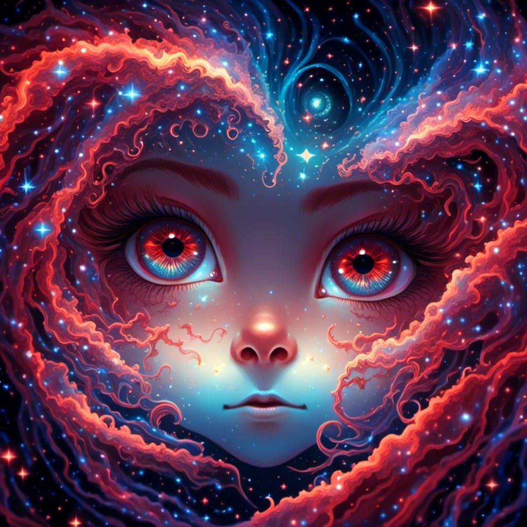 Wonderland Monster with Red Eyes and Bioluminescent Hair