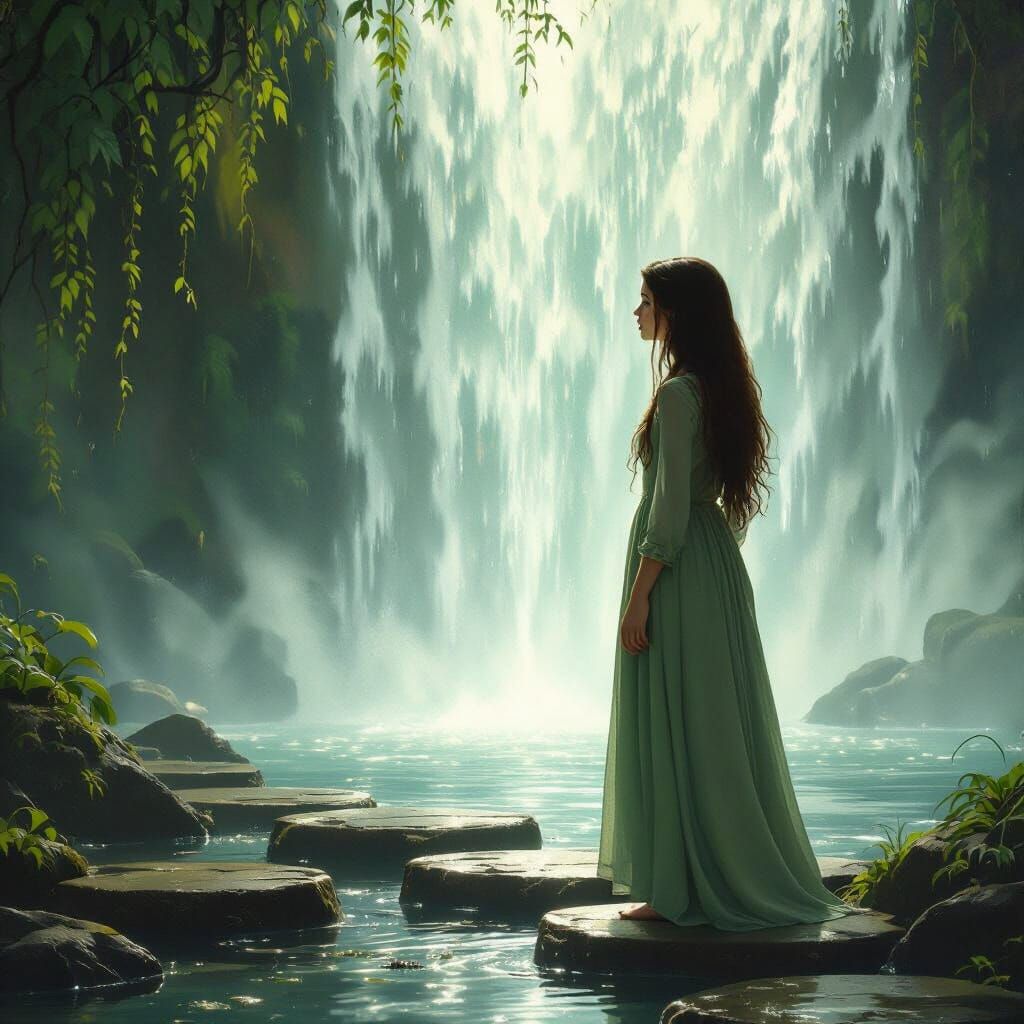 Teenage Girl Gazes at Waterfall Light in Romantic Style