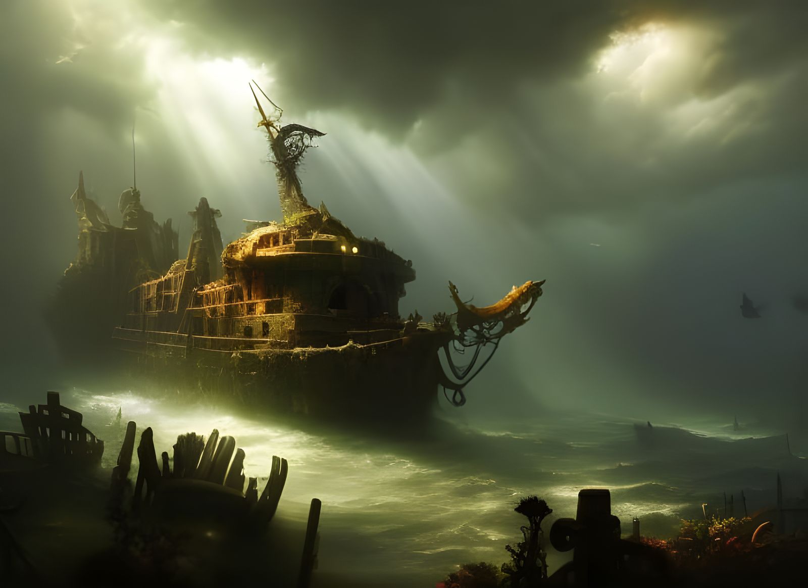 Underwater Shipwreck in Dark Fantasy Style
