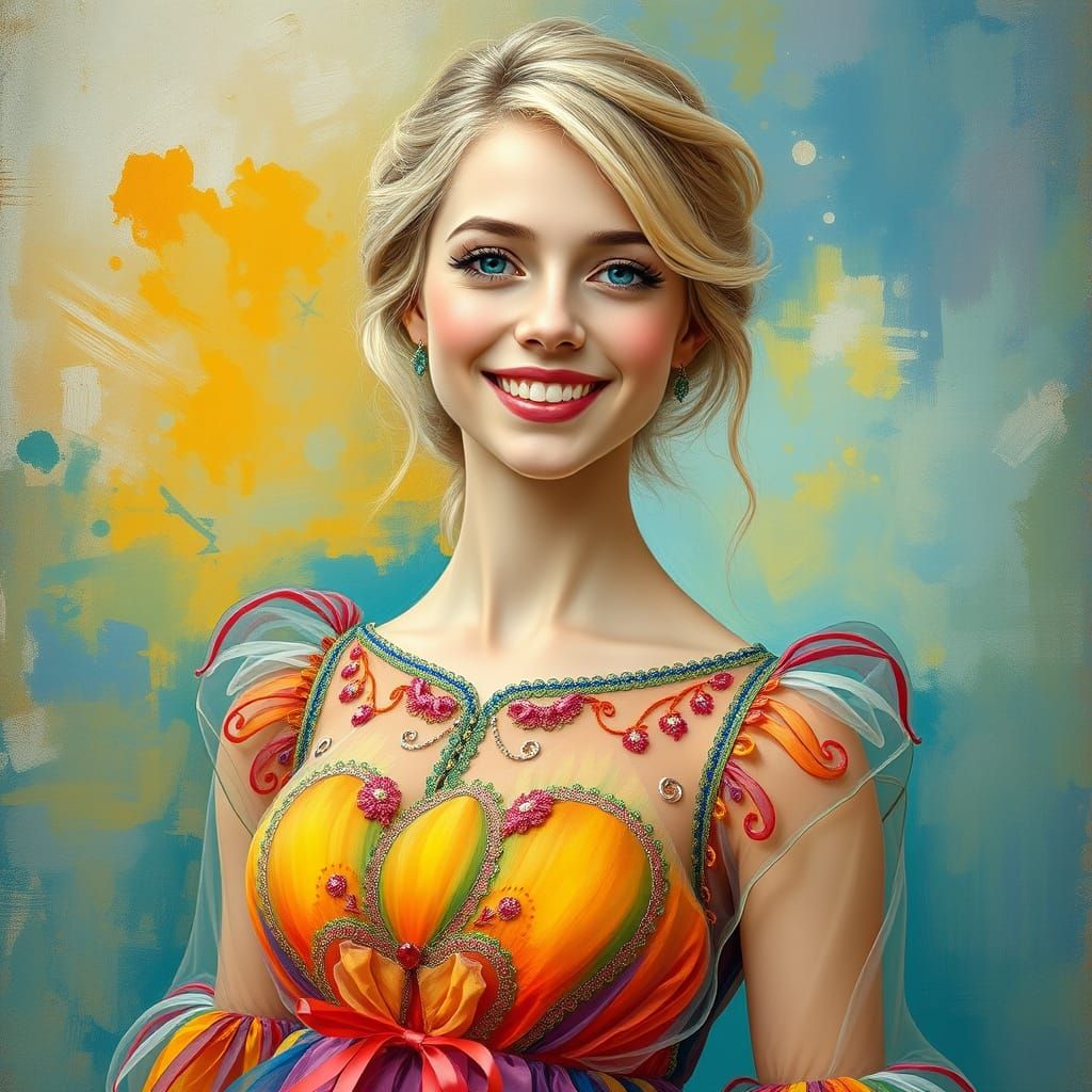 Ethereal European Woman in Whimsical Rainbow Dress