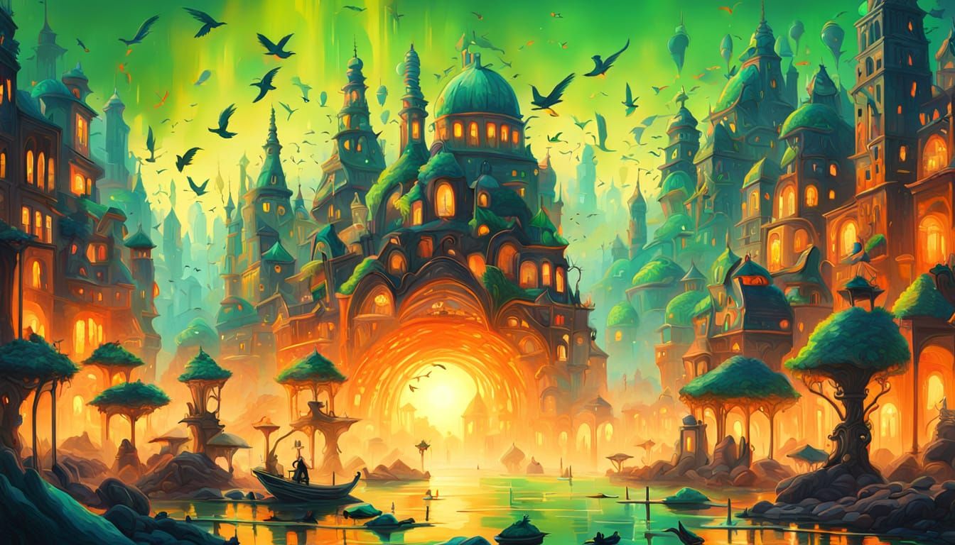 Surreal Cityscape of Iridescent Birds, Dali Style