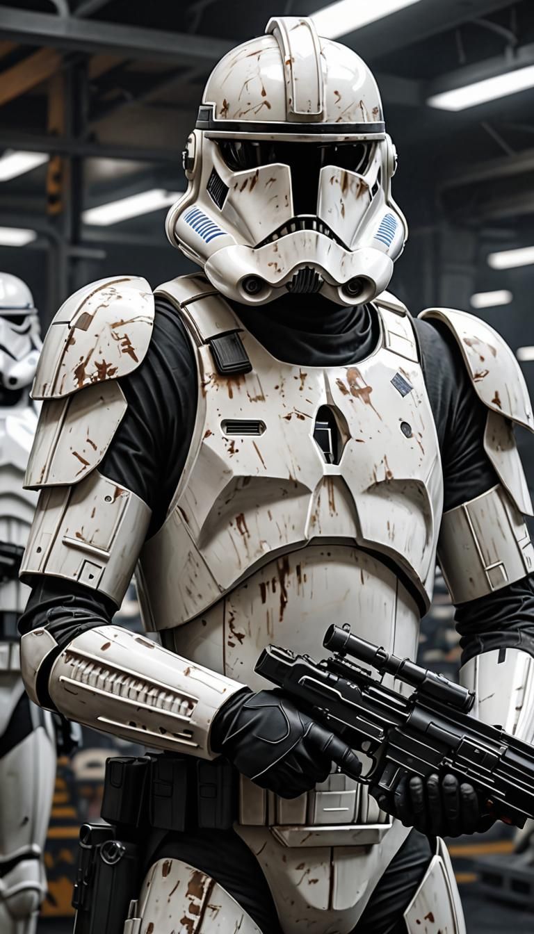 Realistic Clone Trooper Portrait with Weapon Rack