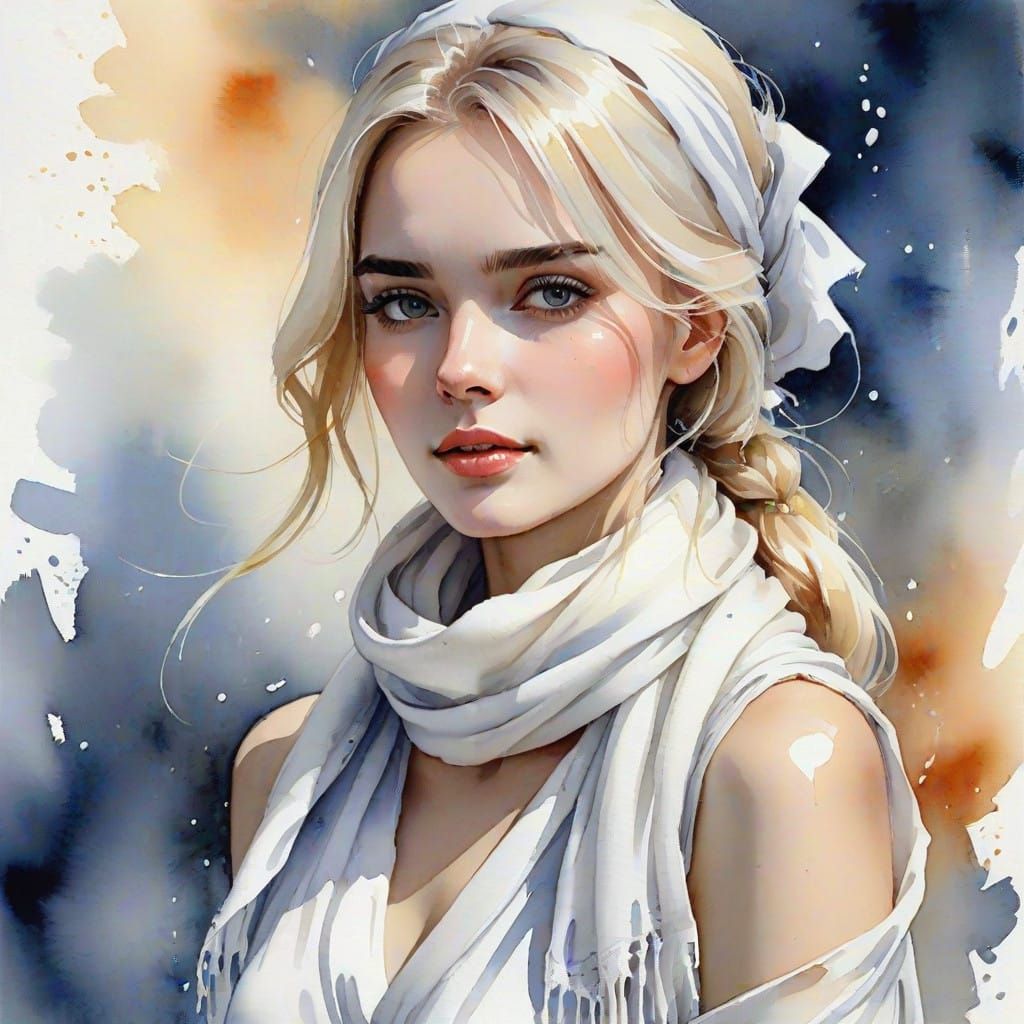 Ethereal Woman in White Aquarelle Painting