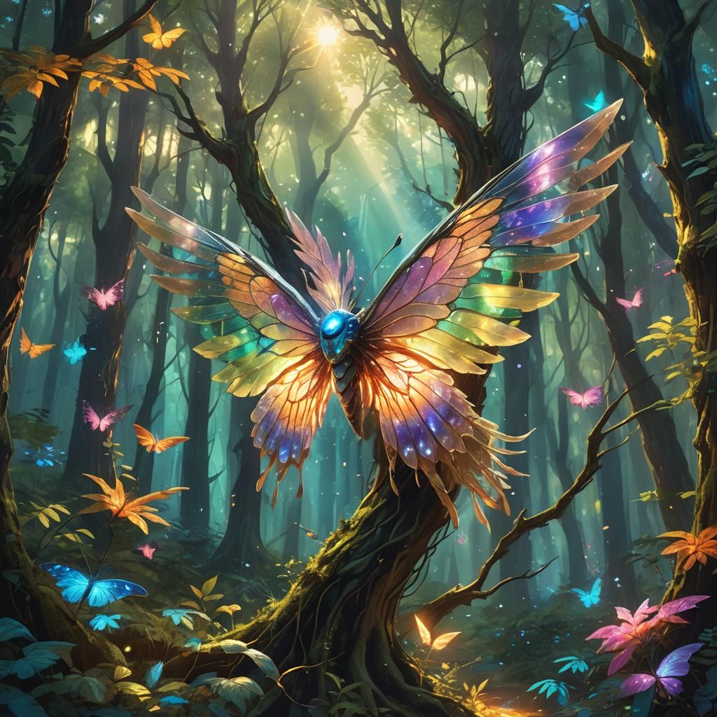 Giant WereMoth in Luminous Forest: Fantasy Illustration
