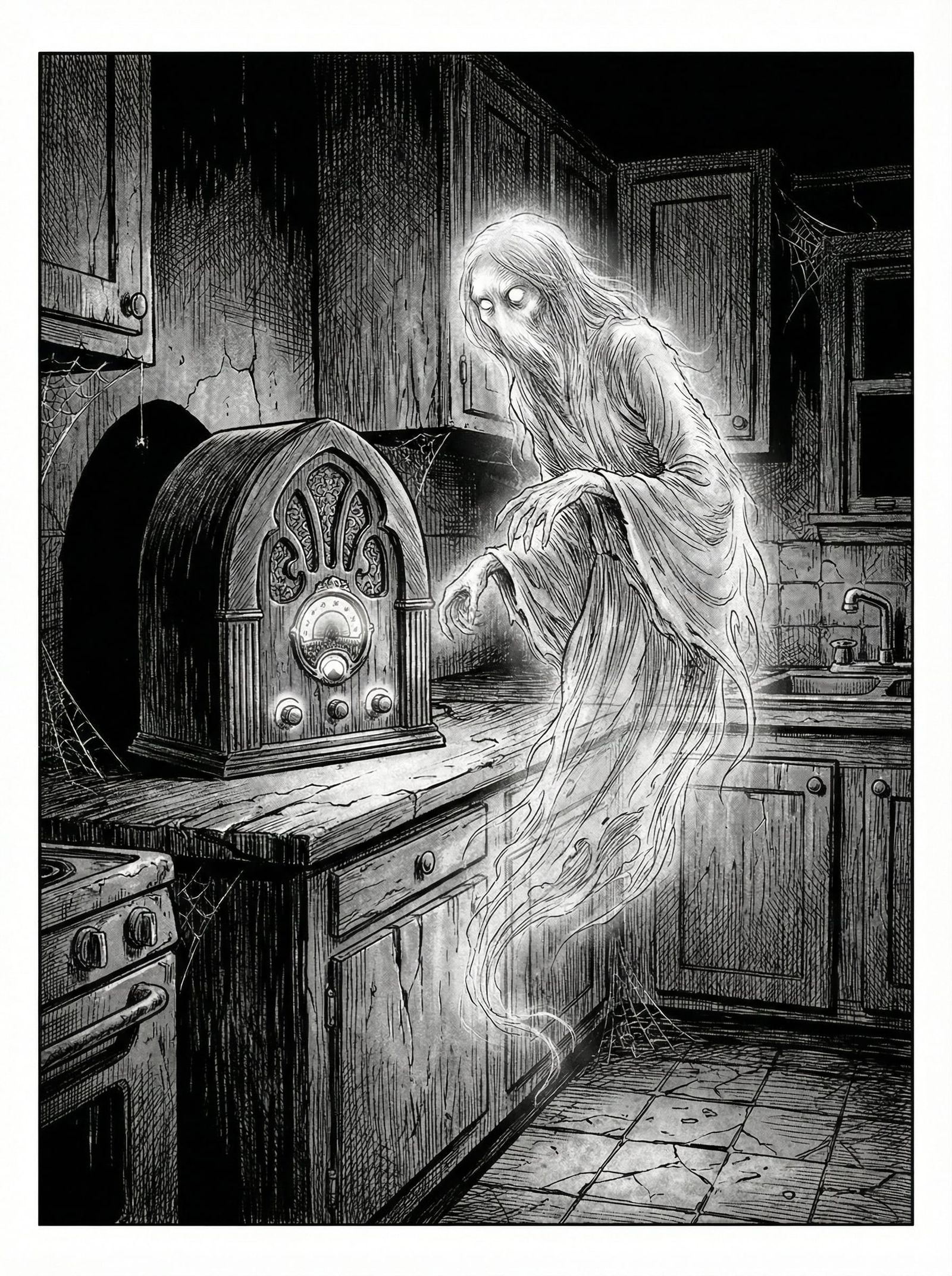 Eerie Kitchen Scene: Ghostly Radio in Horror Art Style