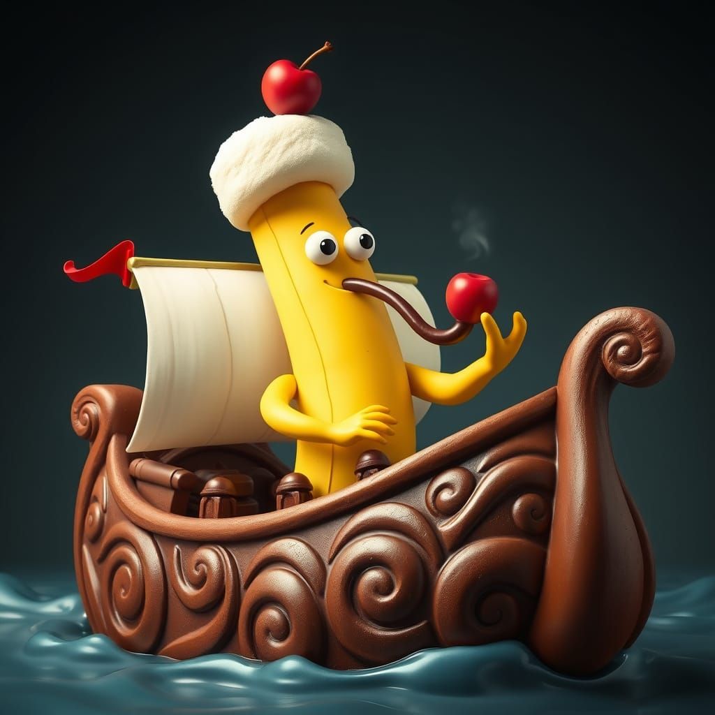 Whimsical Banana Captain Commands Chocolate Log Ship