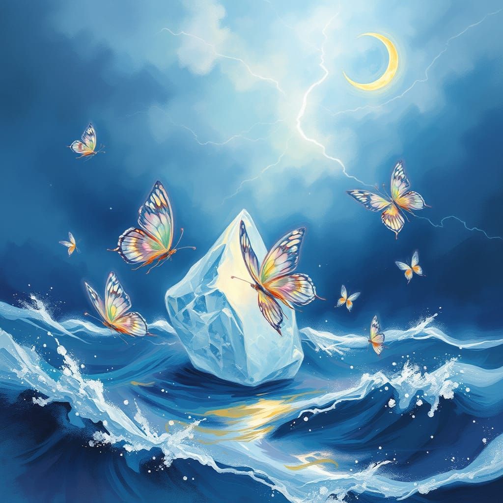 Ethereal Ice Butterflies Dance Amidst Turbulent Storm