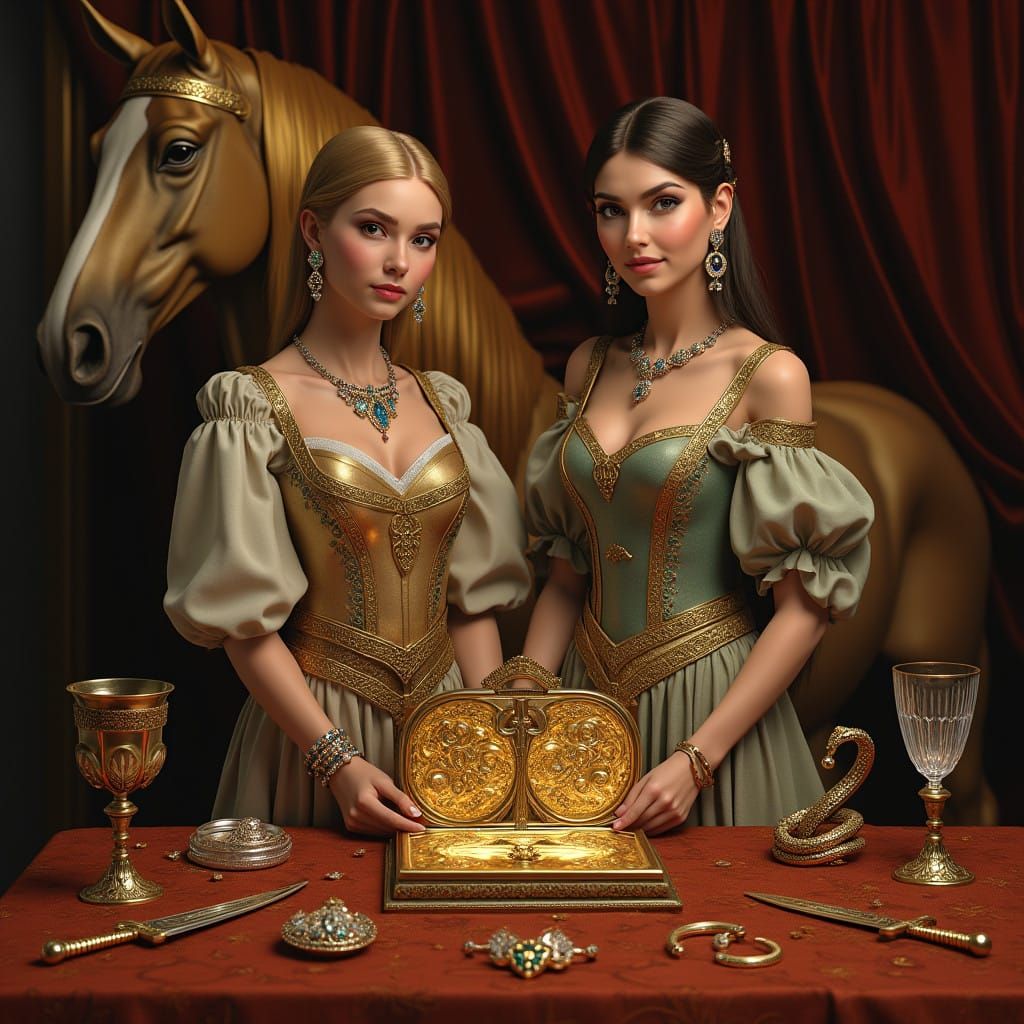 Luxurious Renaissance-Inspired Scene with Golden Horse and O...