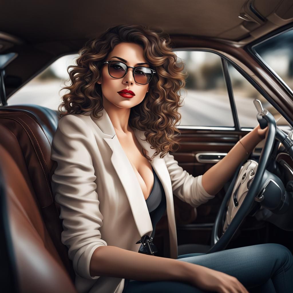 beautiful pretty woman, in open driving on the steering wheel, whole car, perfect make-up, beautiful eyes with sunglasse...