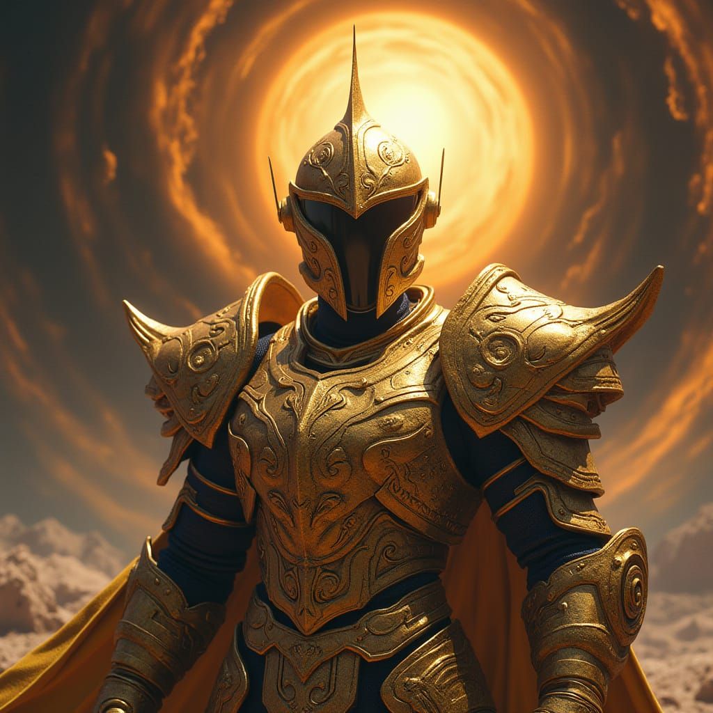 Portrait of a gold space knight and a blackhole, by Greg Rutkowski, Irina French, Dan Mumford, Bryan Hitch and Vincent D...