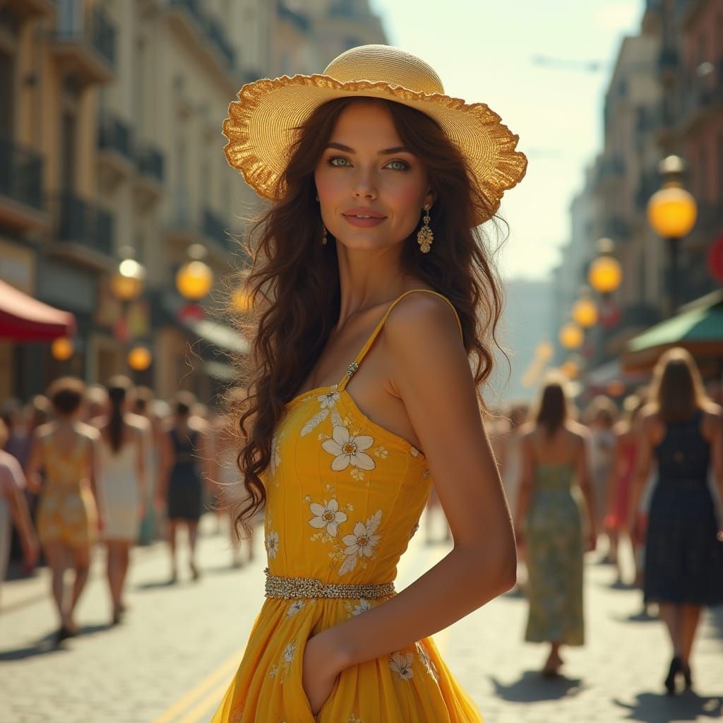 Elegant Woman Stands Confidently on Bustling City Street