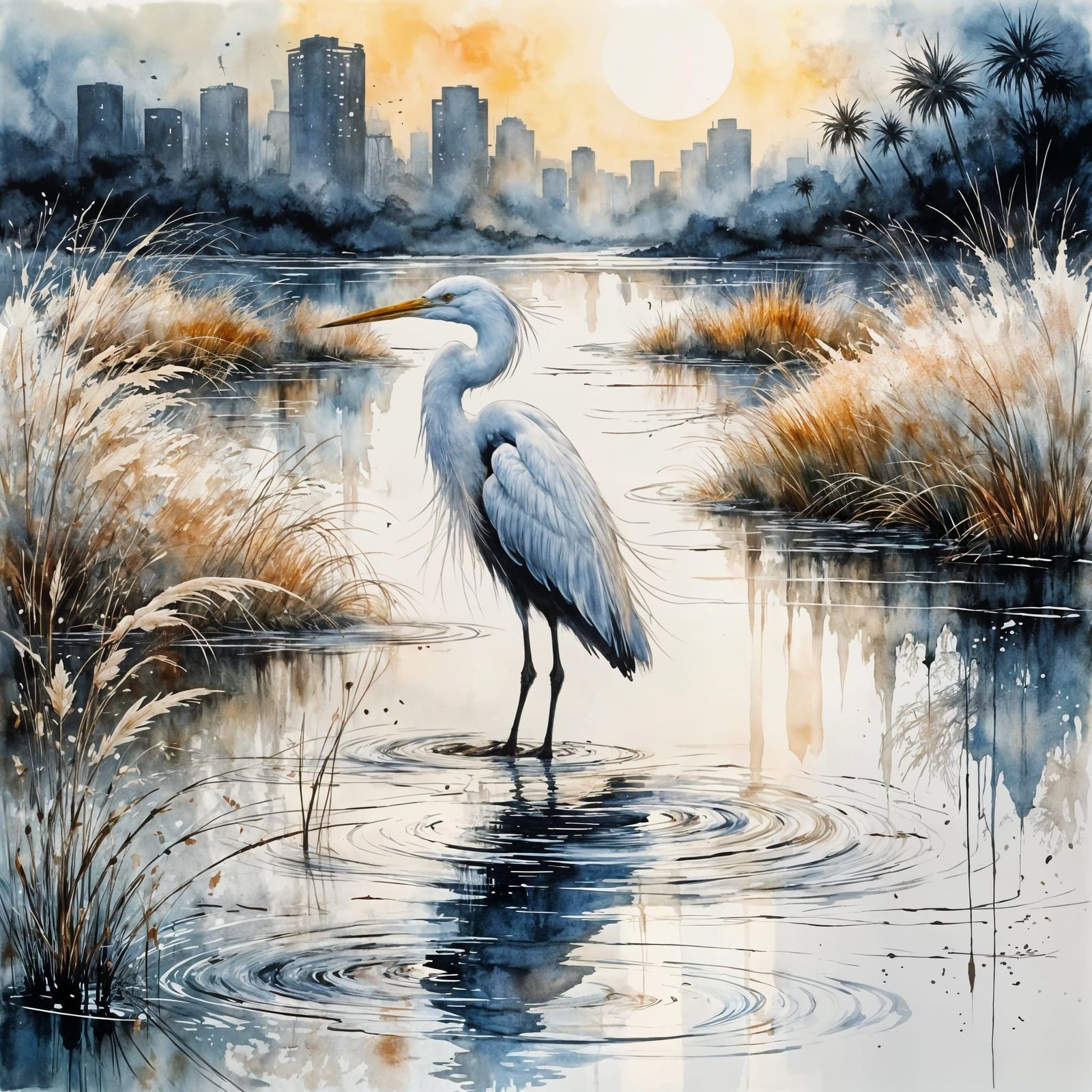 Moody Impressionistic Egret in Snowy Marsh at Sunrise