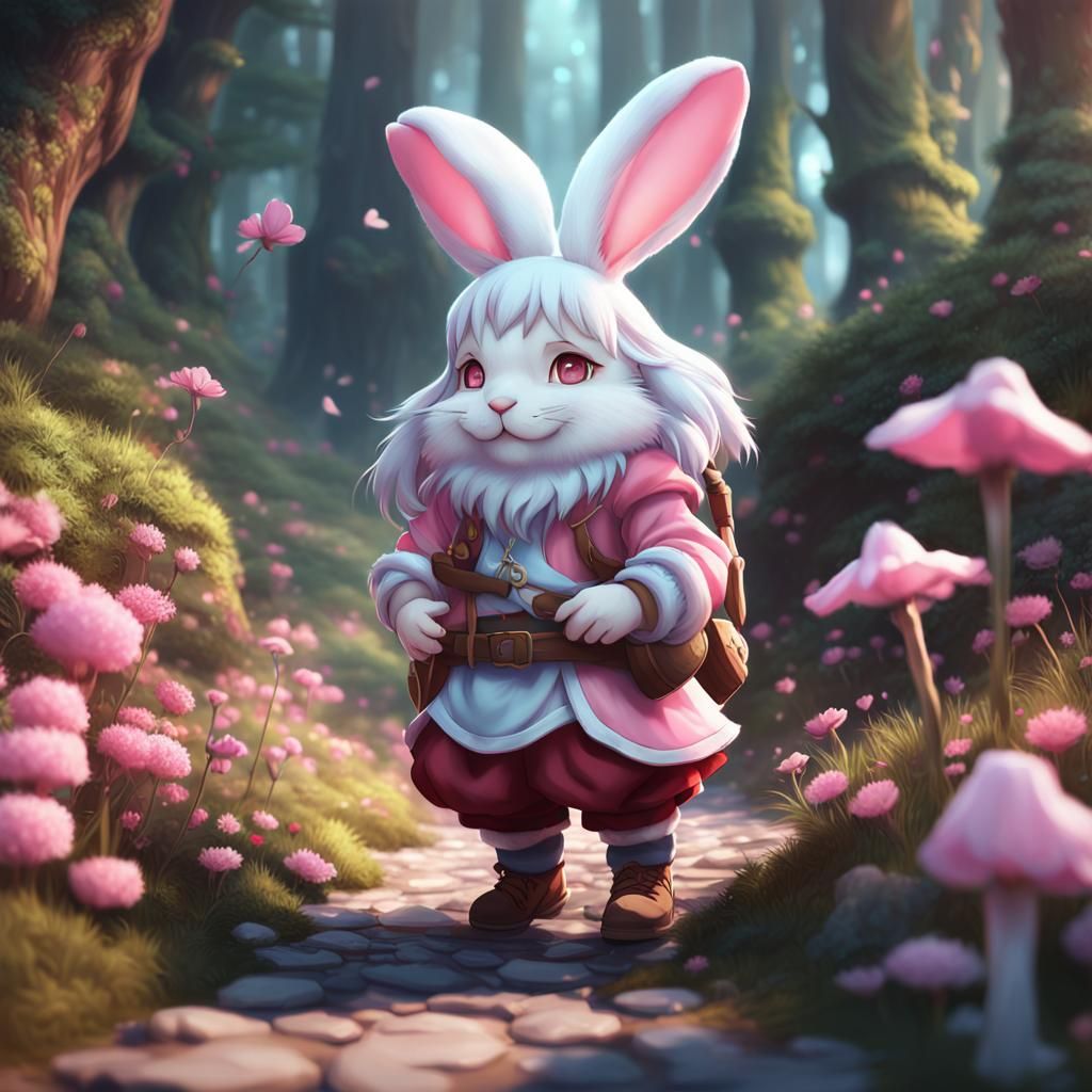 Gnome Woman with White Rabbit in Anime Style