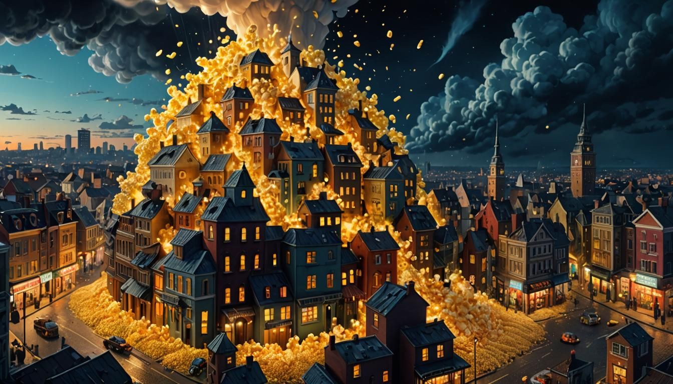 Popcorn Tornado Destroys Cartoon City in Pop Art Style