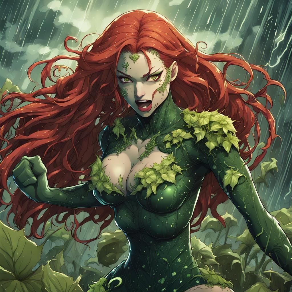Poison Ivy in Stormy Battle: Cel-Shaded Comic Art