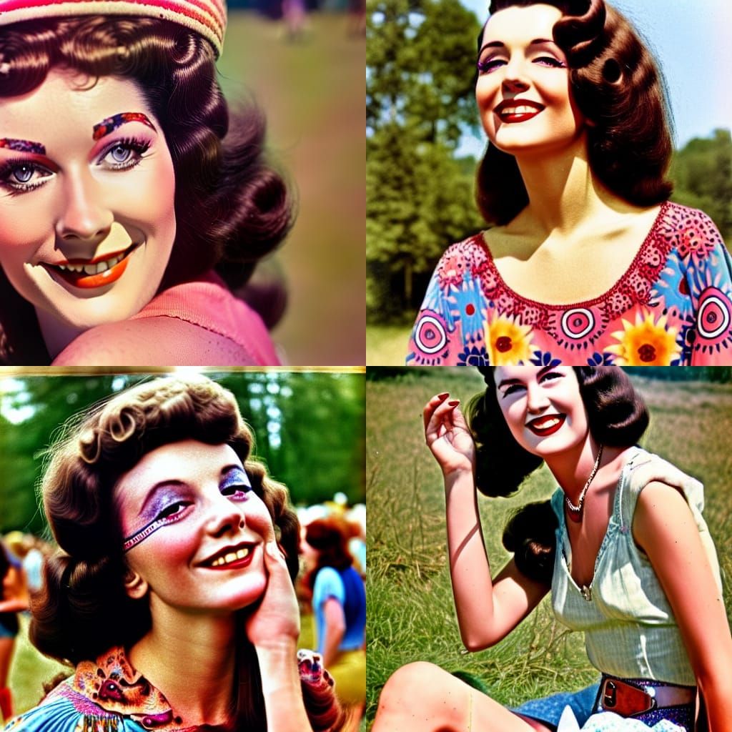 Happy Hippie Woman at Woodstock in Airbrush Style