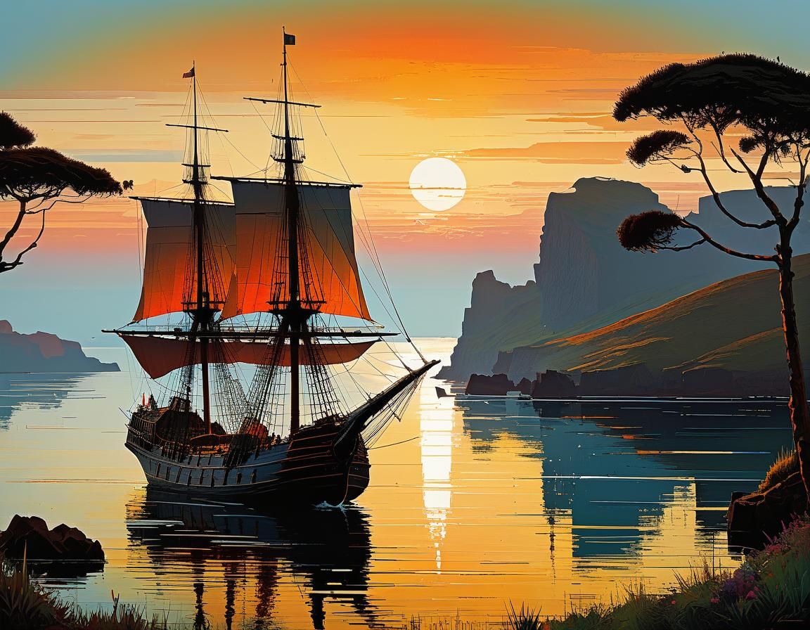 Sunset Bay with Sailing Ship in Abstract Style