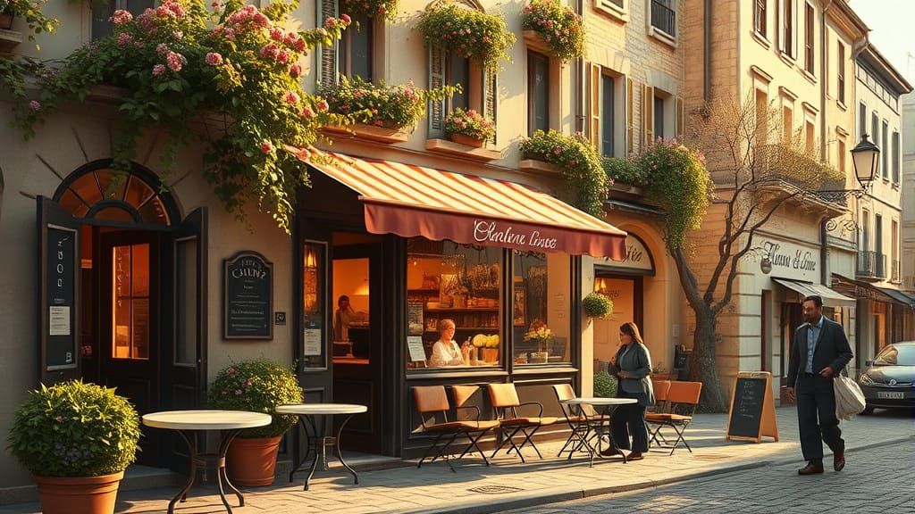 Romantic European Cafe in Hyperrealistic Style