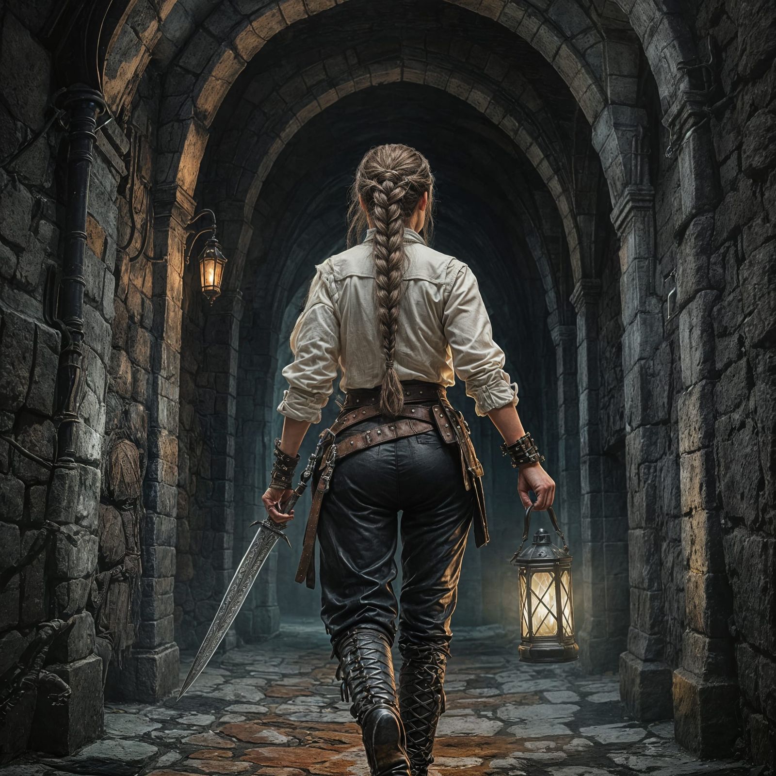Dark Fantasy Adventuress Walks in Medieval Dungeon