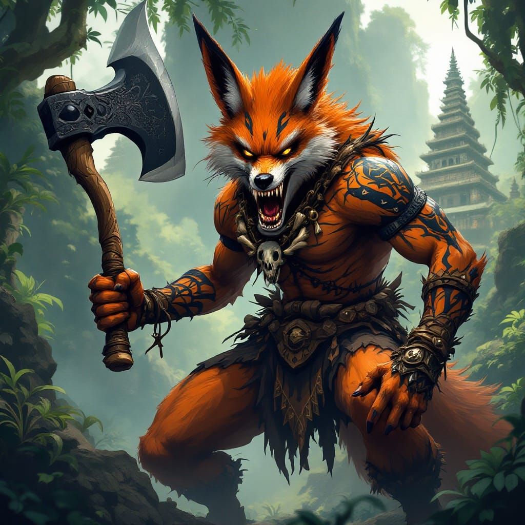 Epic Fox Warrior in Tribal Regalia, Wielding Tomahawk in Rai...