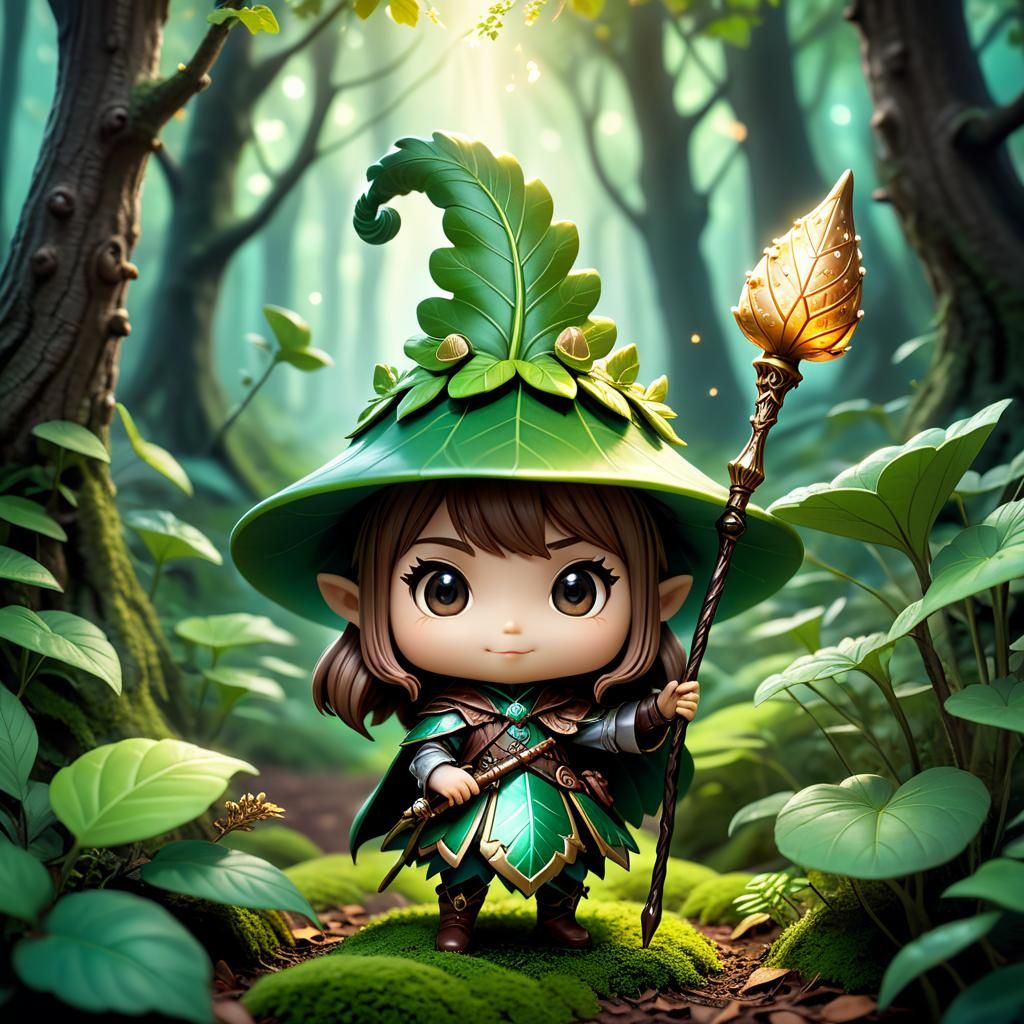 Whimsical Acorn Leaf Wizard in Magical Forest