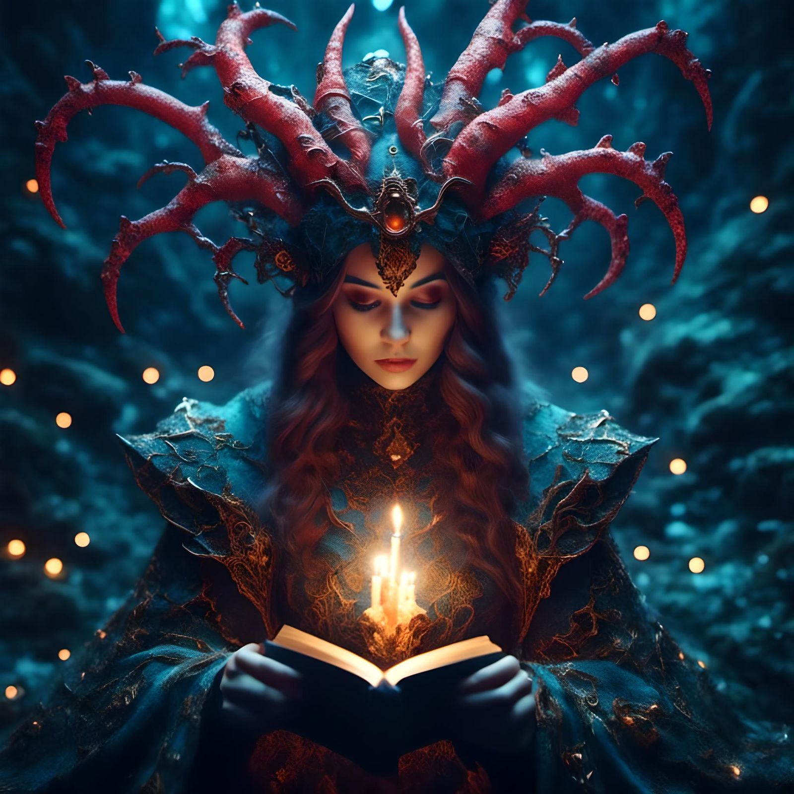 Mystic Witch Demon with Grimoire in Dark Fairytale Cavern