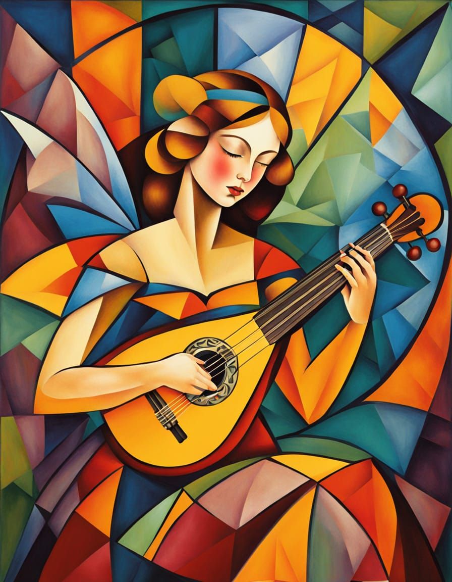 Fairy Playing Lute in Cubist Art Deco Kaleidoscope