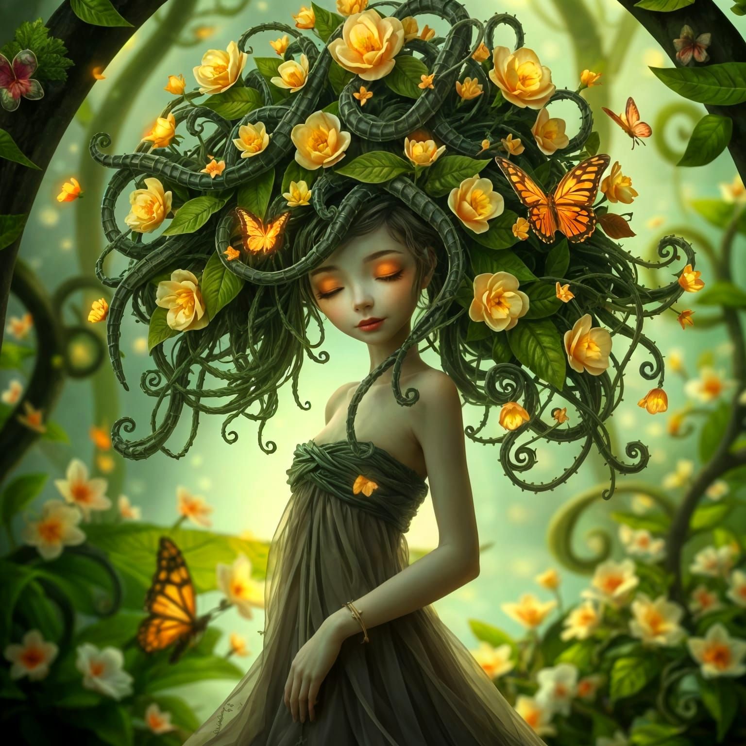 Dryad with Flowering Vine Hair in Enchanted Garden