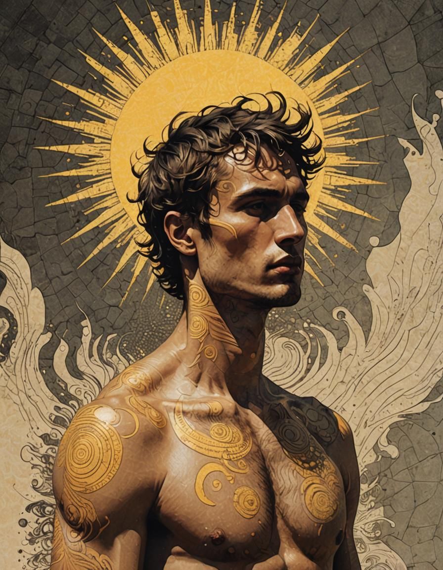 Divine Halftone Sun God in Mixed Media Collage