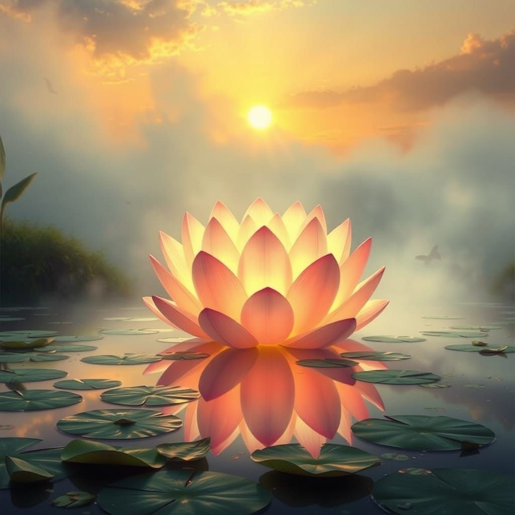 Serene Pond Dawn with Glowing Lotus