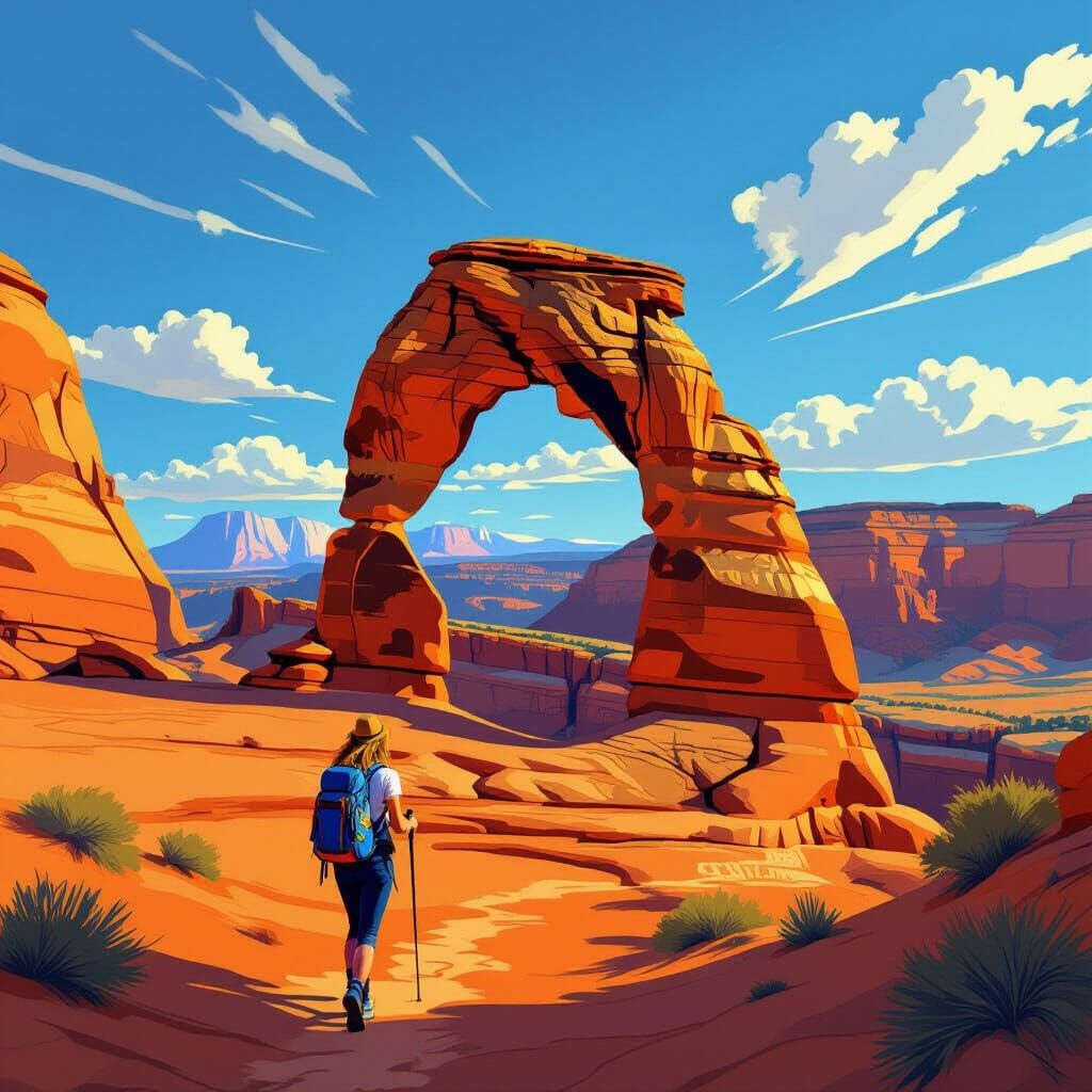 Hiker Among Utah Arches in Landscape Painting Style