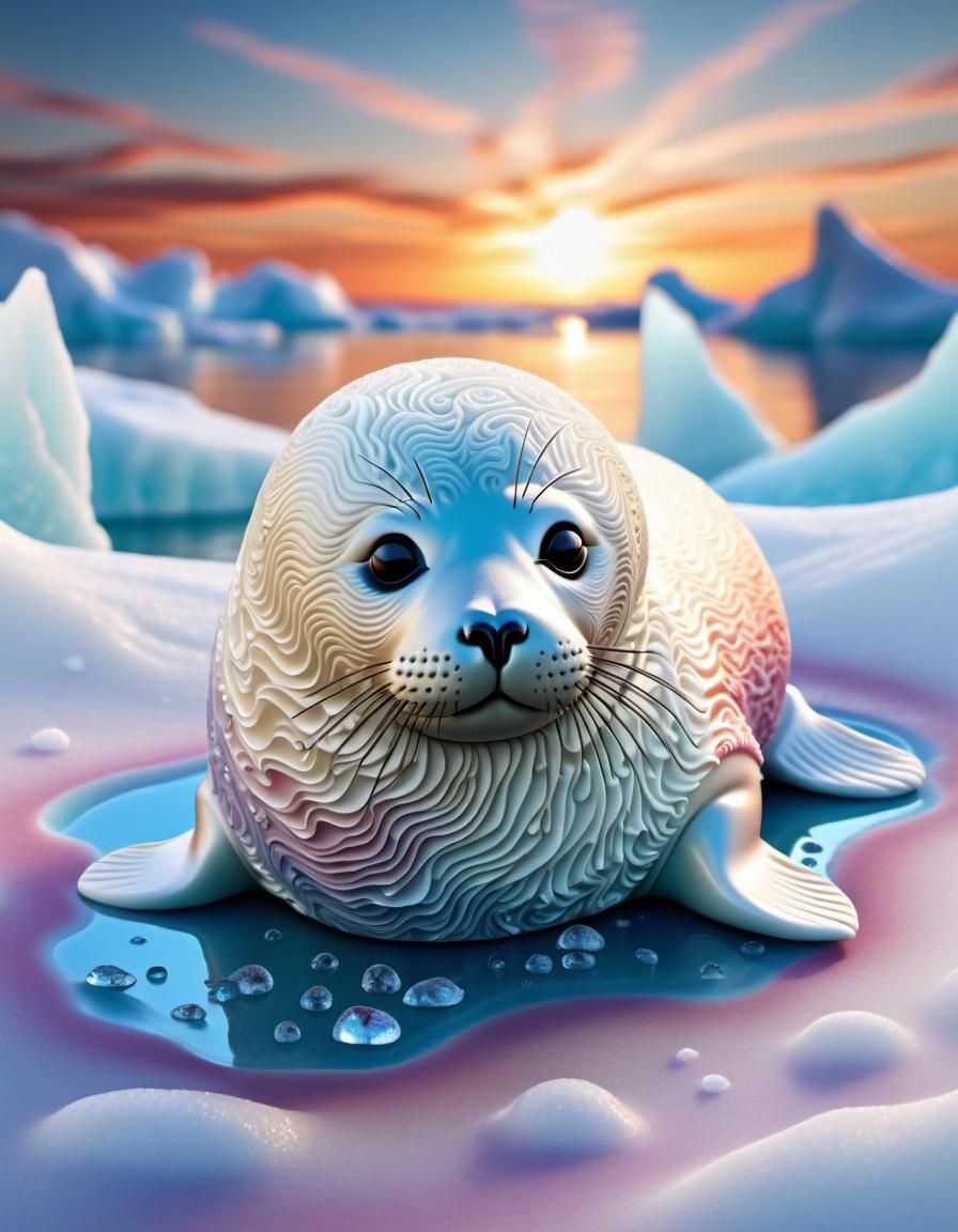 Adorable Harp Seal on Ice: Mixed Media Masterpiece
