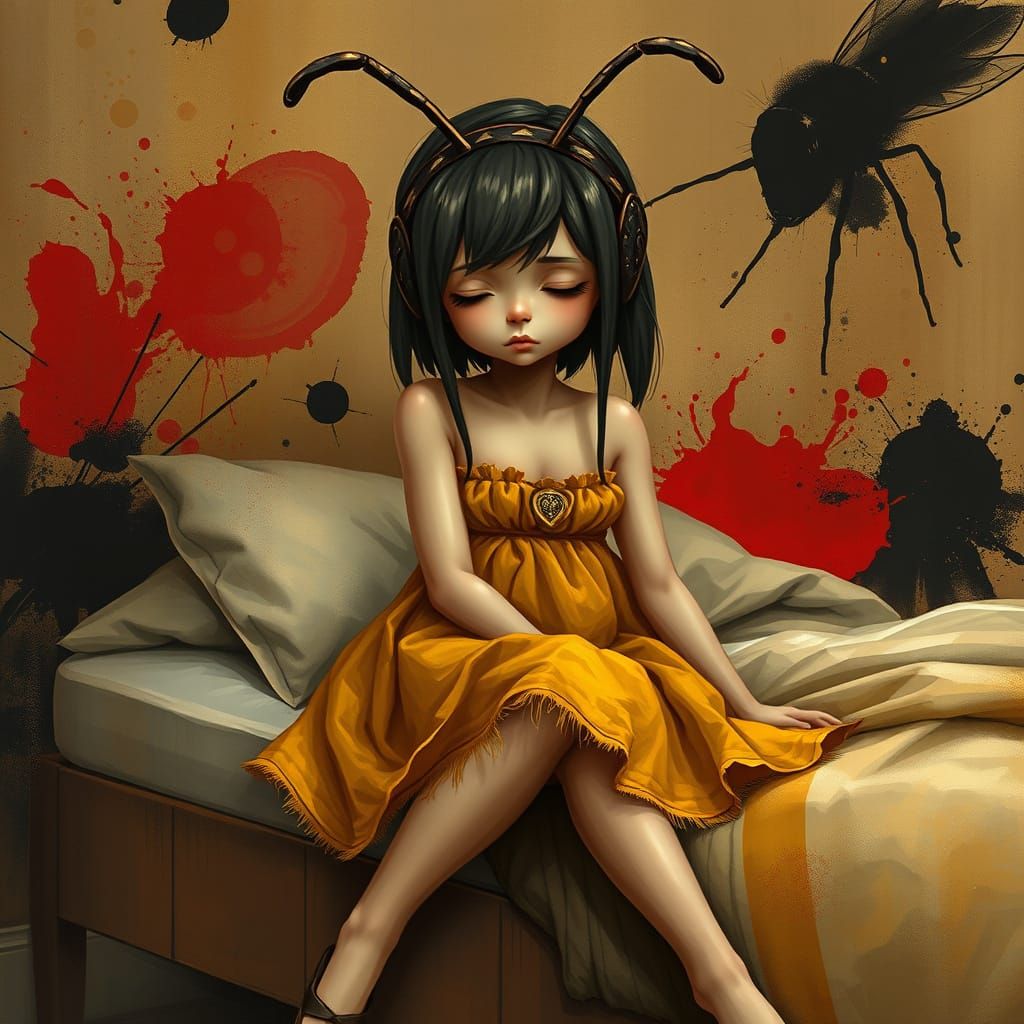 Sleepy Anthro Wasp Girl in Hive, Photorealistic Style