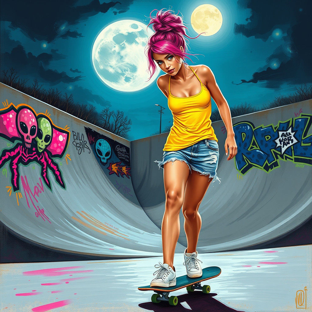 Vibrant Skateboarder in Graffiti Skate Park