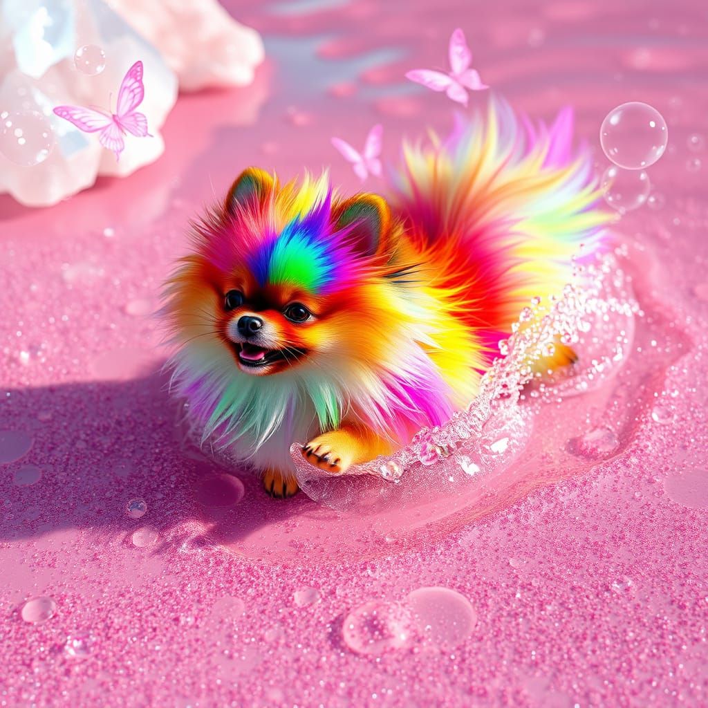 Rainbow Pomeranian in Vibrant Beach Scene with Glittering Ge...