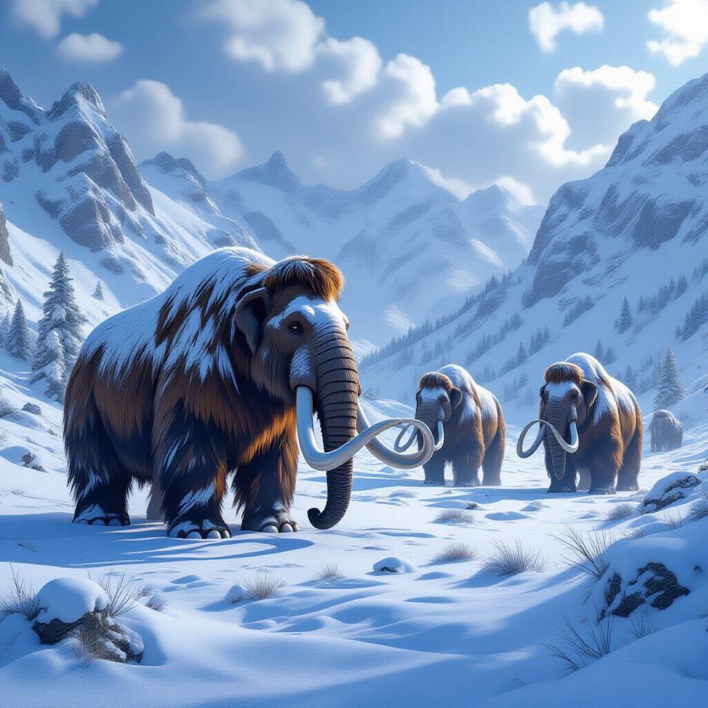 Woolly Mammoths in Snowy Valley, Photorealistic Digital Art