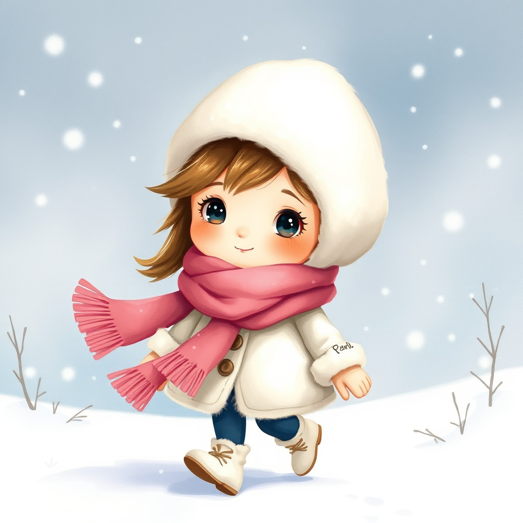 Girl in Snowy Landscape, Watercolor Style