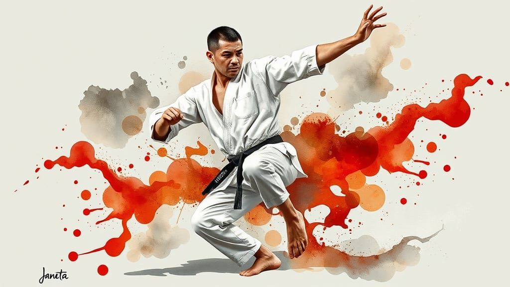 Karate Master Front Kick in Watercolor Style
