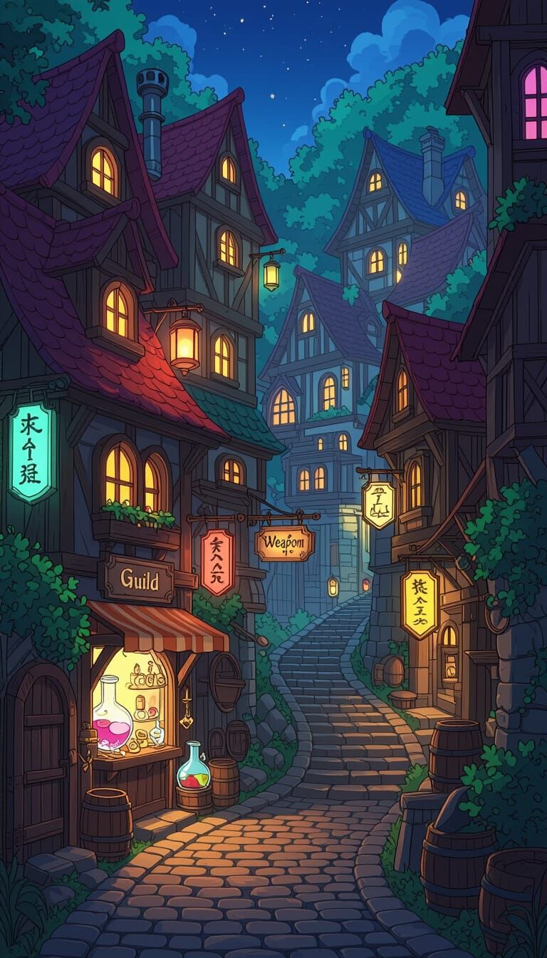 Vibrant Anime RPG Town with Steampunk Details