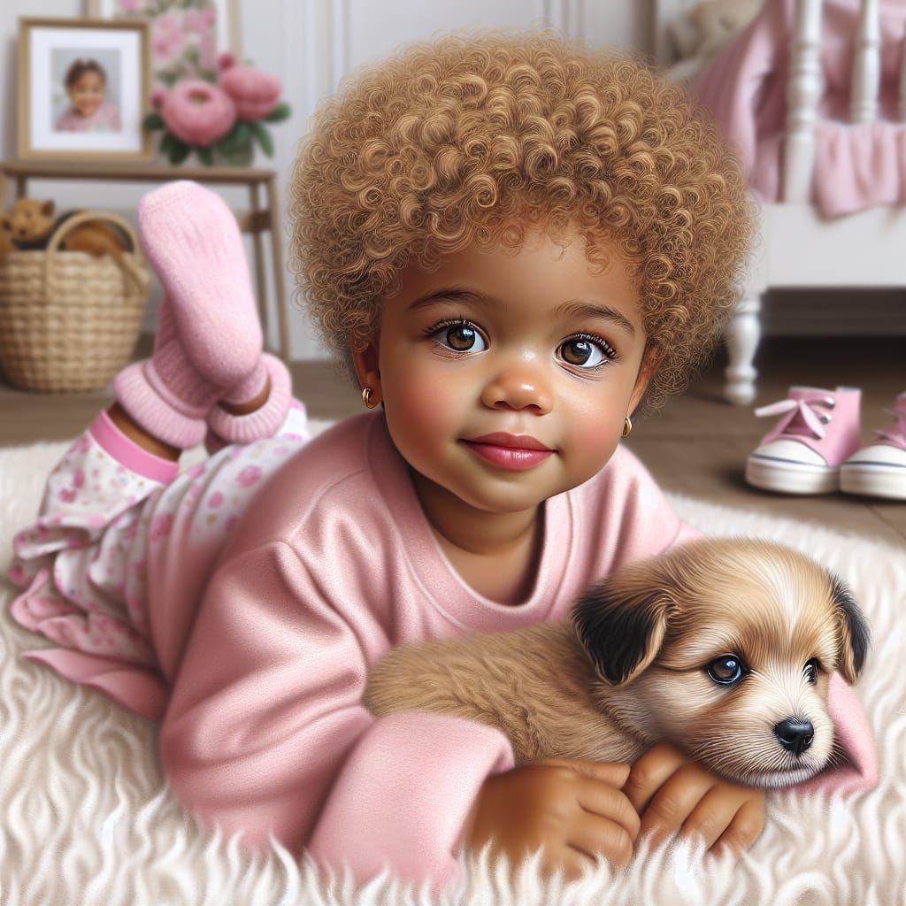 Adorable Toddler and Puppy in Hyper-Realistic Oil Painting